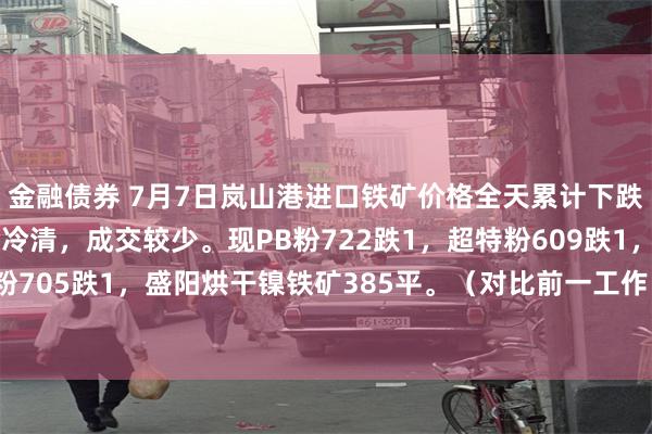 金融债券 7月7日岚山港进口铁矿价格全天累计下跌1。市场交投情绪较为冷清，成交较少。现PB粉722跌1，超特粉609跌1，麦克粉705跌1，盛阳烘干镍铁矿385平。（对比前一工作日晚间价格；单位：元/湿吨 )